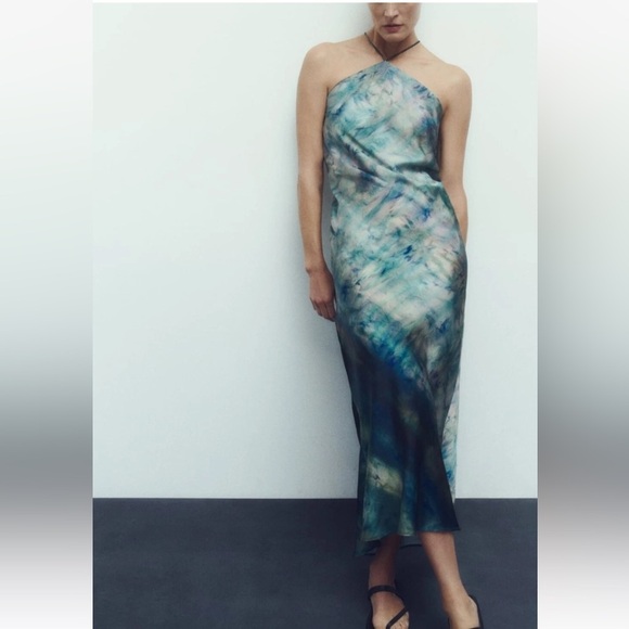 Zara Watercolor Tie Dye Halter Maxi Slip Dress. Multicolor. Size M - Picture 1 of 9